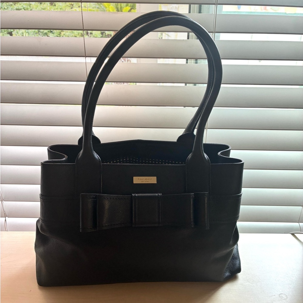 Vintage kate spade Black Leather Bow-Accent Tote bag zipper Quinn Villabella